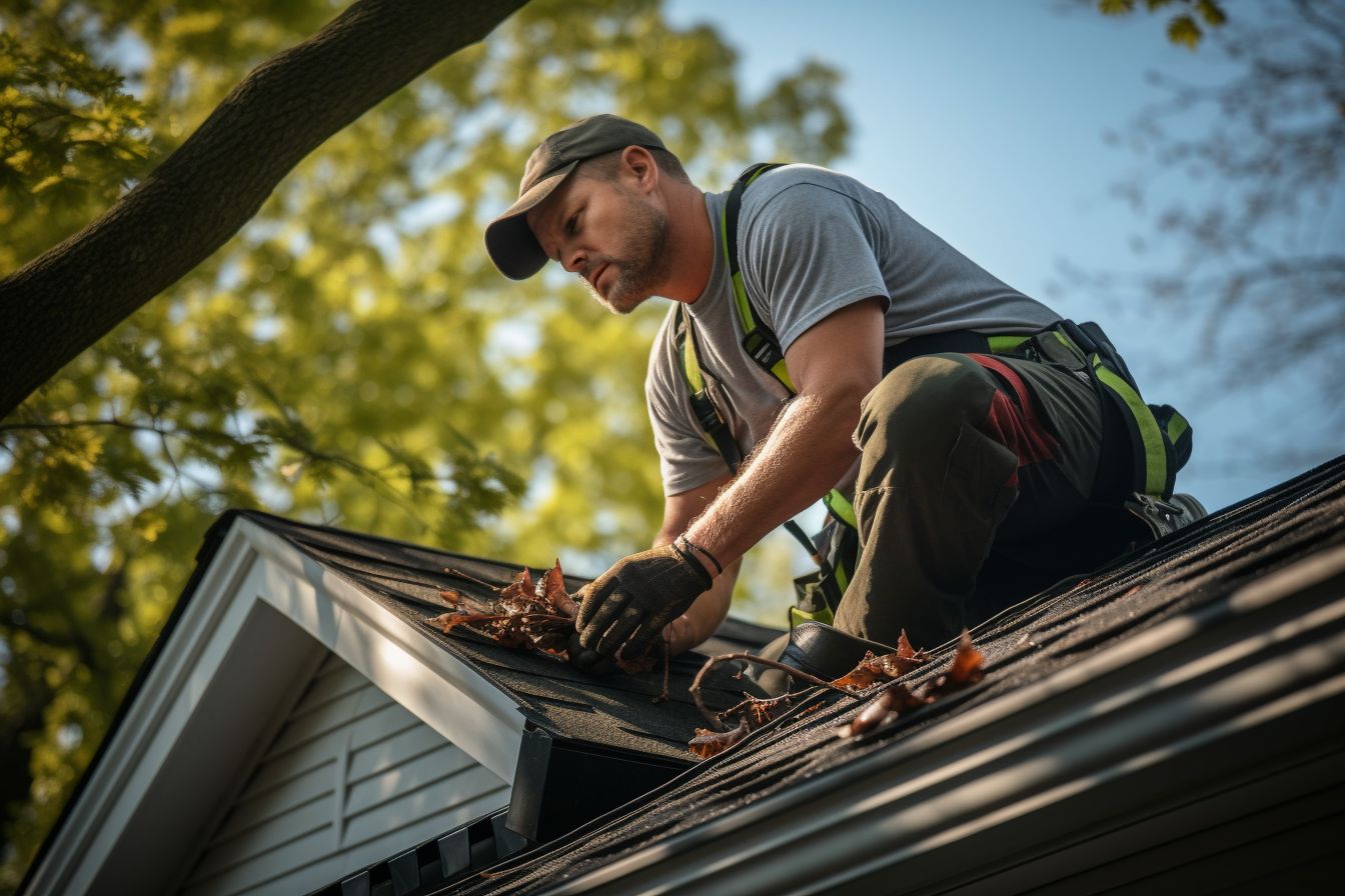 Professional roofer performing maintenance services and inspecting a roof. Professional roofer performing maintenance services and inspecting a roof.