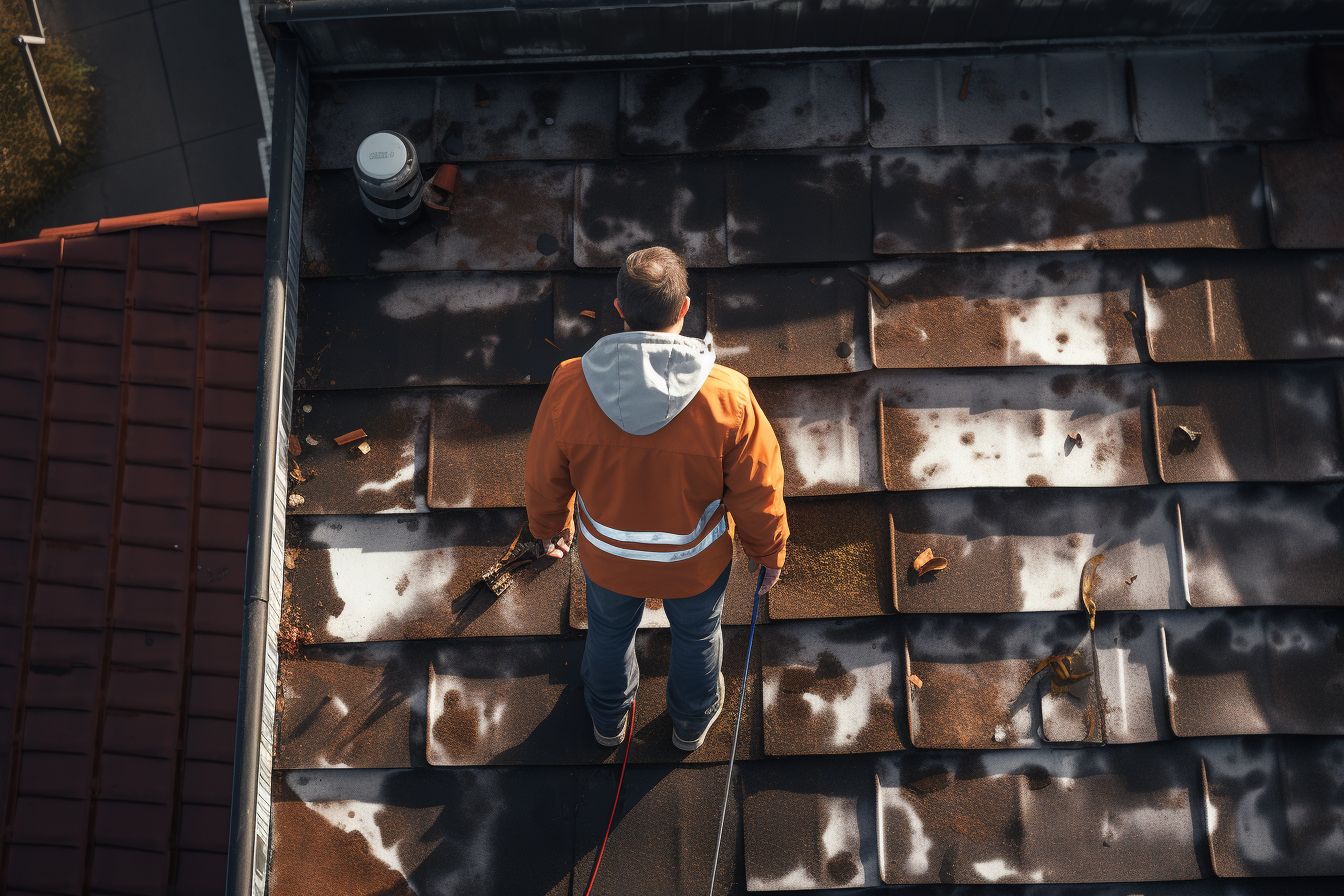 A repairman inspecting a damaged roof with water stains. A repairman inspecting a damaged roof with water stains.