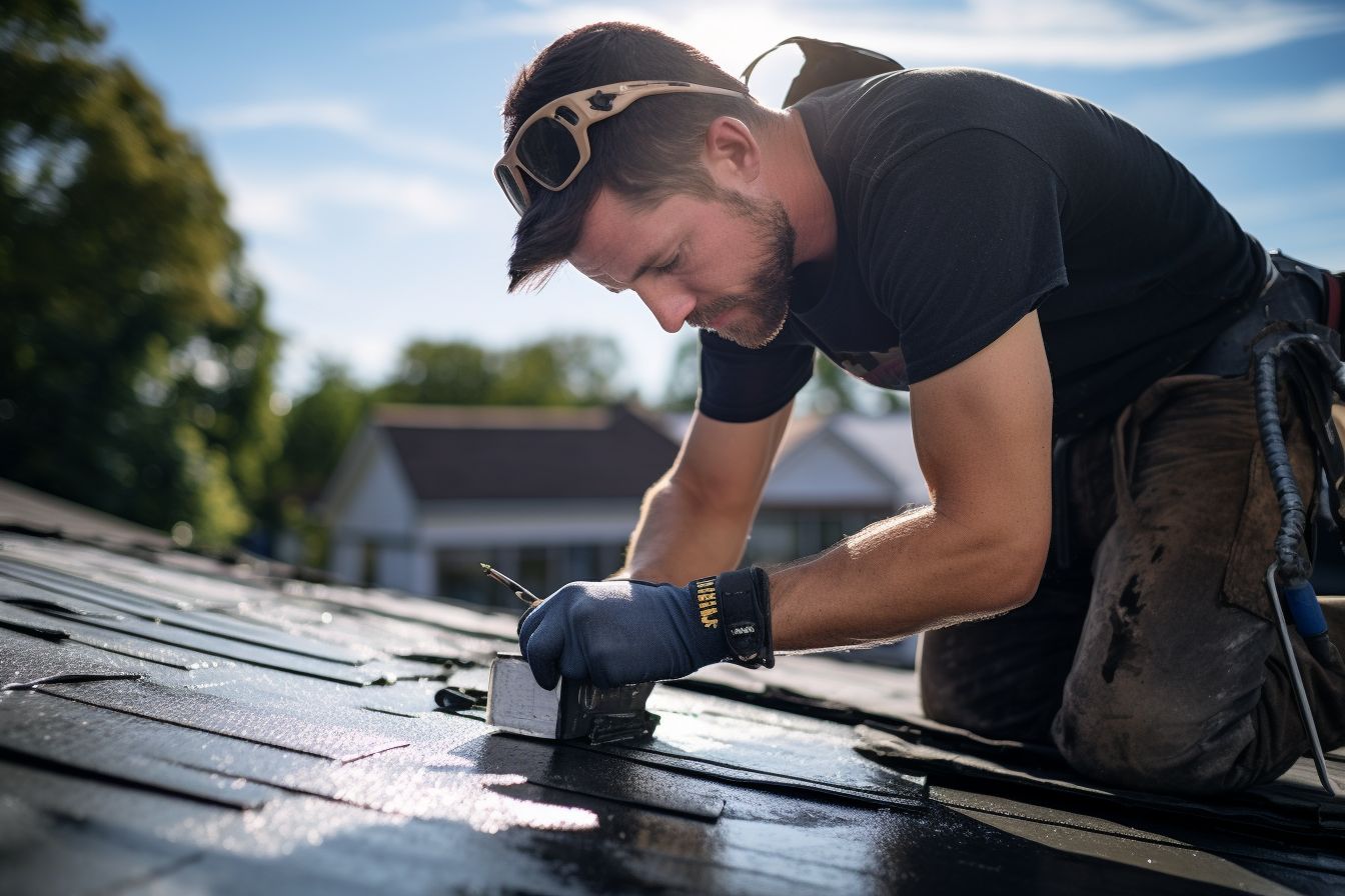 A homeowner fixing a small roof leak with roofing cement. A homeowner fixing a small roof leak with roofing cement.