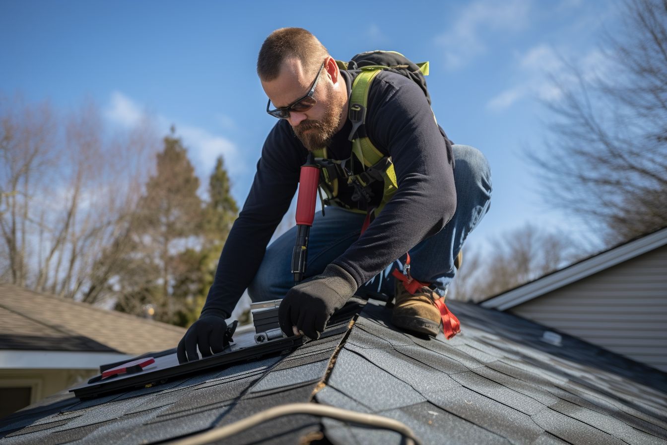Handyman applying roofing cement to seal a small leak on shingled roof. Handyman applying roofing cement to seal a small leak on shingled roof.