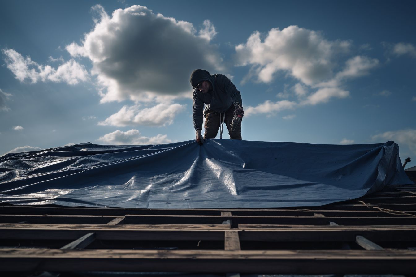 A caucasian worker using a tarp to cover a leaky roof. A caucasian worker using a tarp to cover a leaky roof.