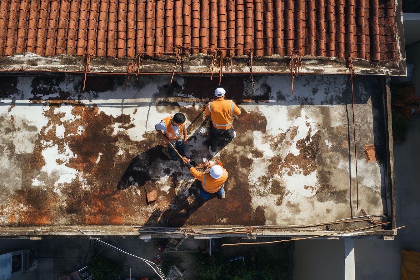 A repair crew using a drone to inspect water stains on a roof. A repair crew using a drone to inspect water stains on a roof.