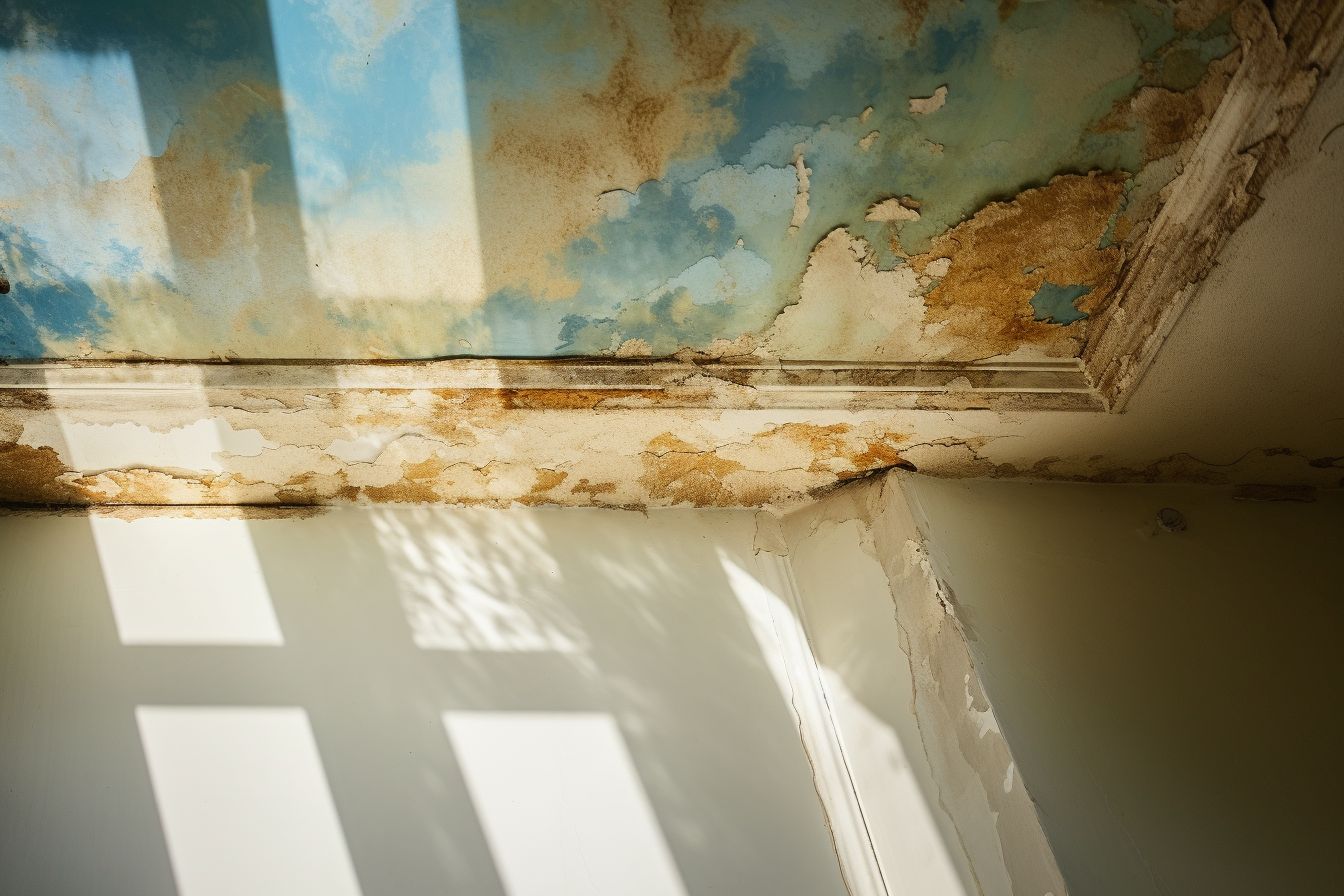 Close-up of water stain on ceiling with skylight streaming light. Close-up of water stain on ceiling with skylight streaming light.