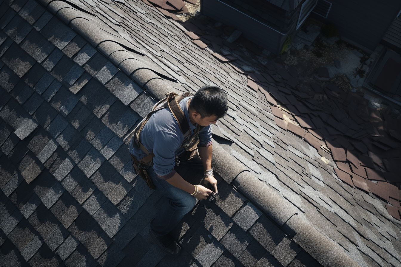 A professional roofer uses a drone to inspect for leaks. A professional roofer uses a drone to inspect for leaks.