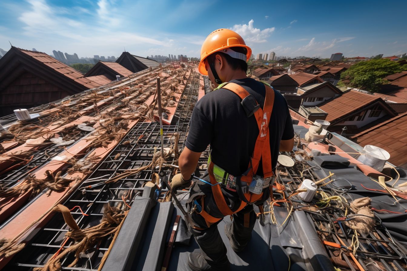 Construction worker inspecting commercial roof surrounded by roofing materials and tools.