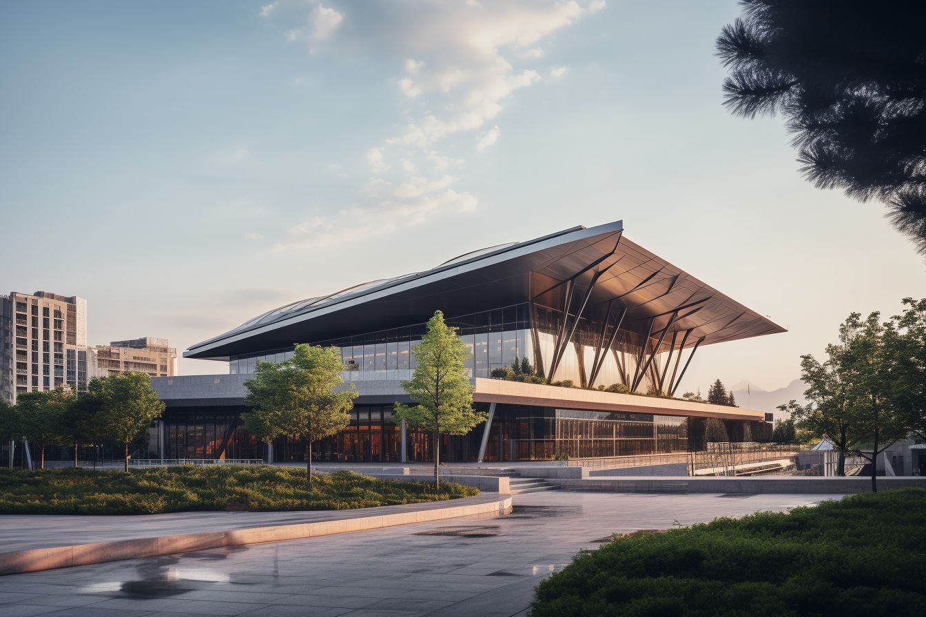 A modern commercial building with a durable roof, captured architecturally.