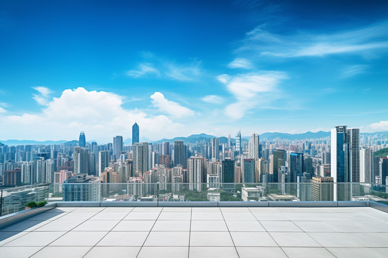 Modern commercial building in a cityscape with East Asian ethnicity.