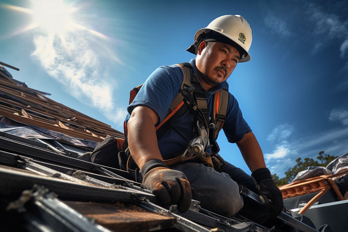 A roofer of East Asian ethnicity examines a damaged roof.