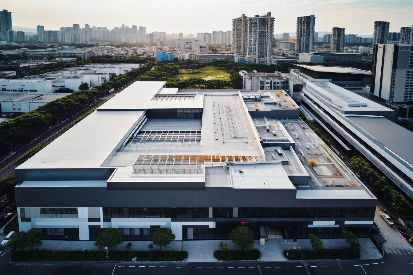 A modern commercial building with a sturdy roofing system, captured by drone.