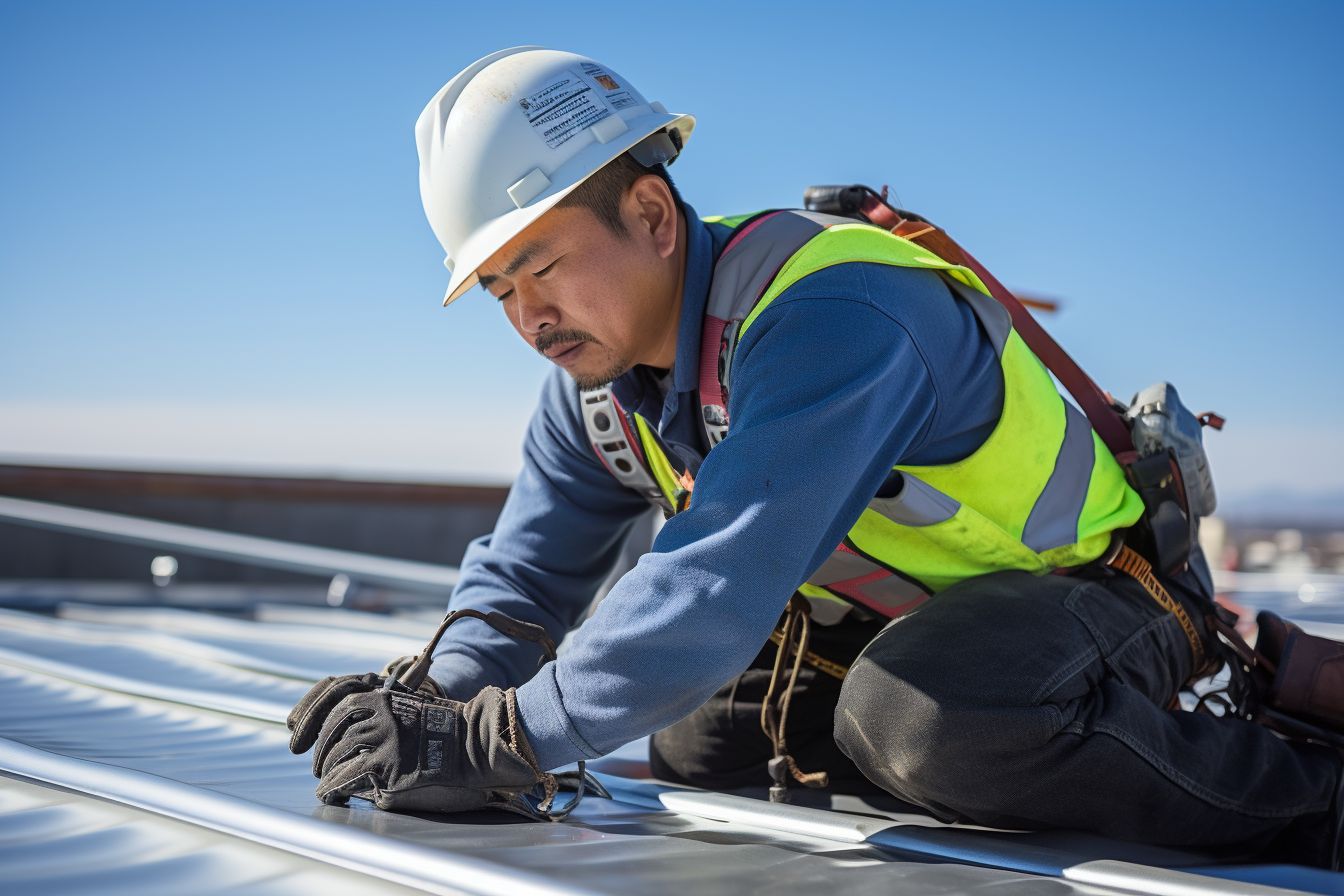 A construction worker installing a metal roof on a commercial building.