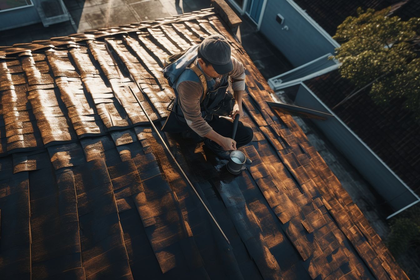 Person applying roof coating on residential roof using a drone camera.