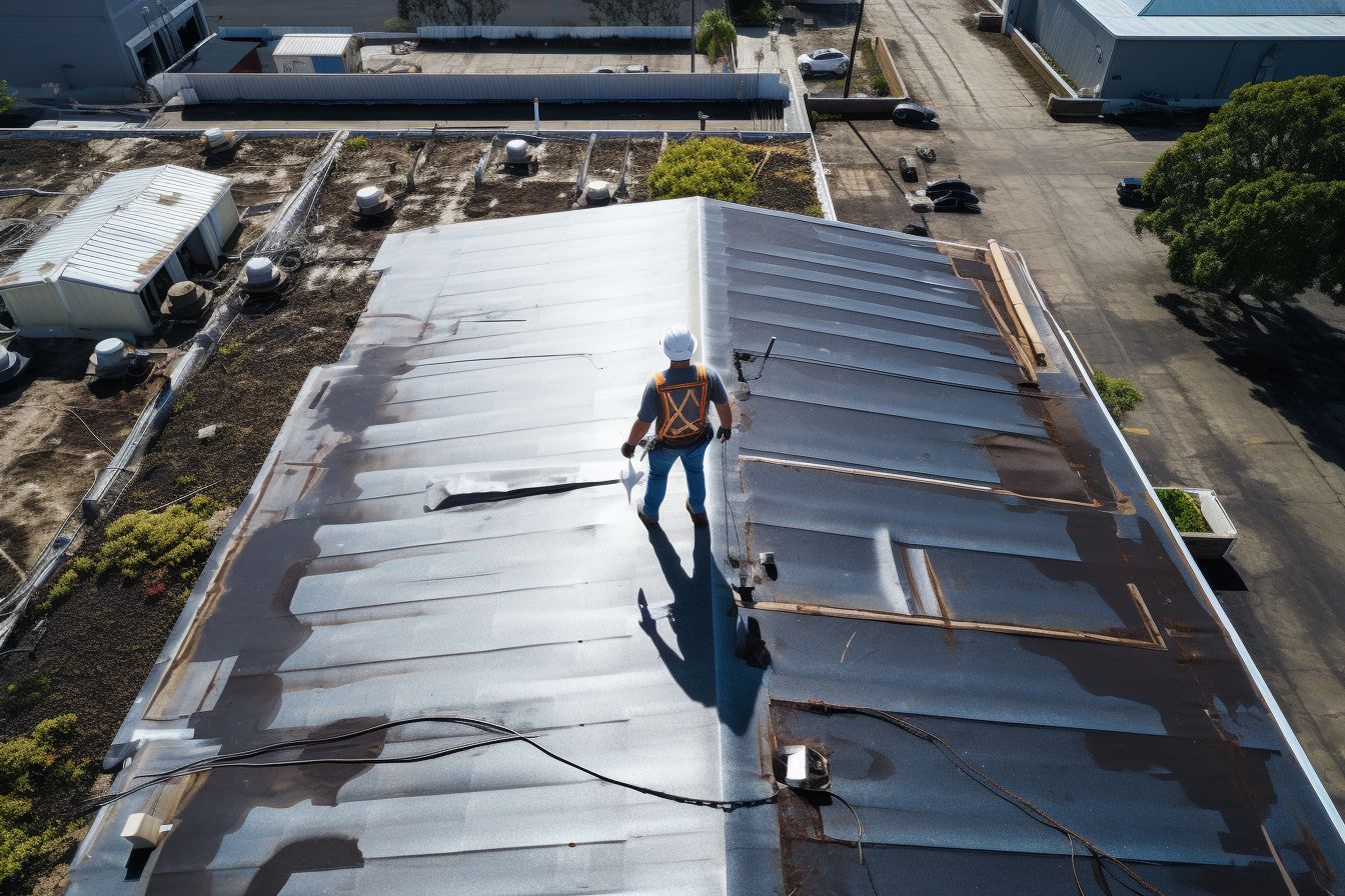 An East Asian commercial roofing contractor inspects a damaged roof using a drone.