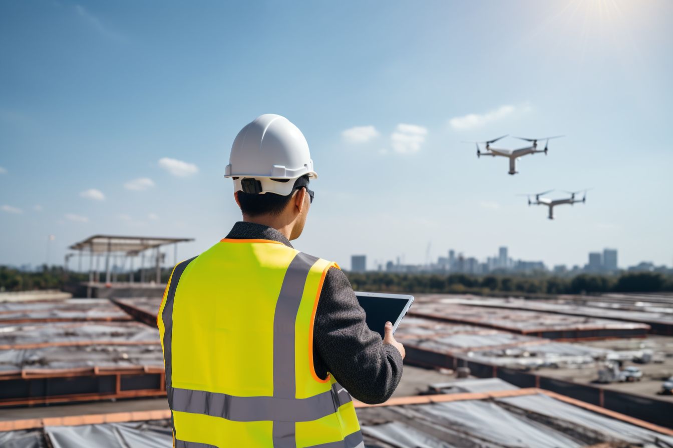 A construction worker inspecting a commercial roof using a drone.