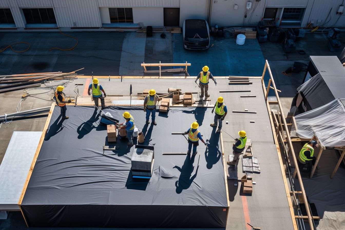 Construction workers installing new commercial roof captured with a drone.