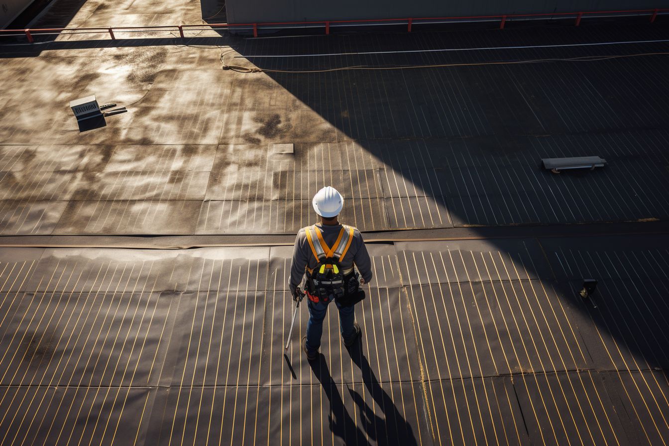 A construction worker uses measuring tools to inspect a commercial roof.
