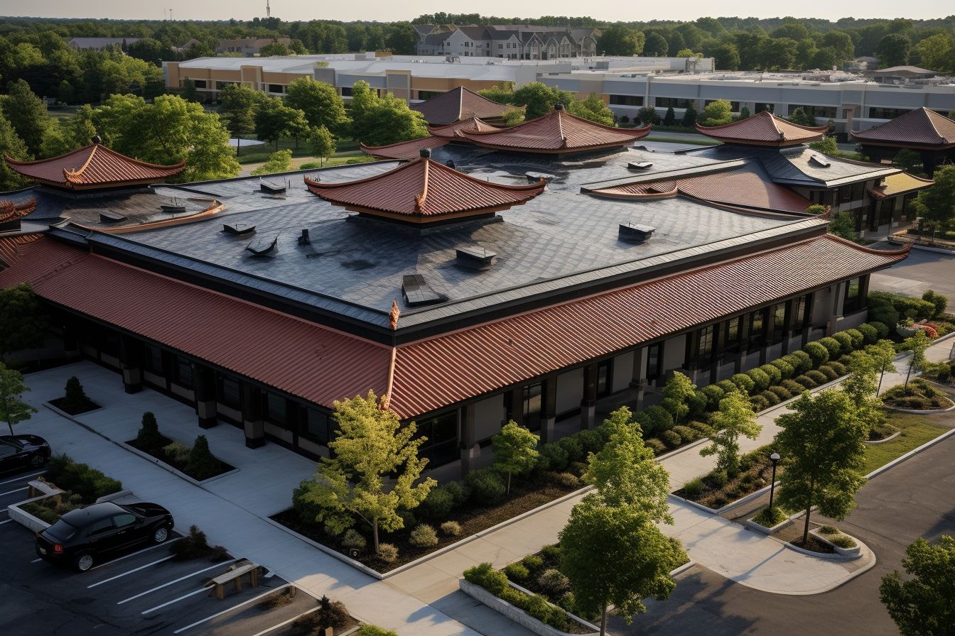 Aerial photo of a commercial building with various durable roofing materials.