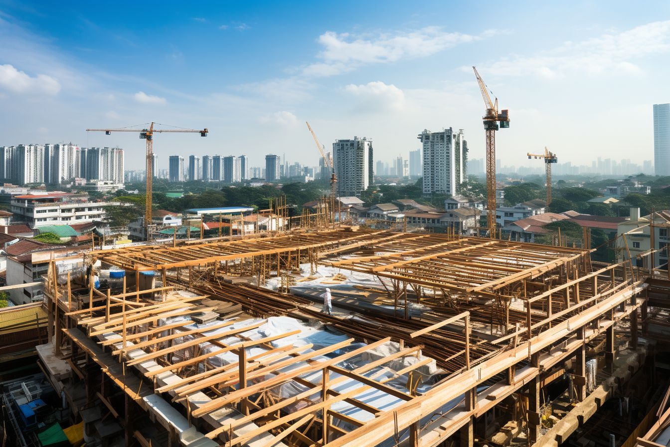 Commercial building with various roofing types under construction in East Asia.