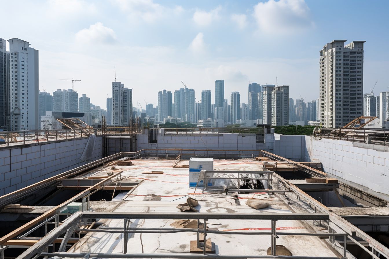 Commercial building with various roofing types under construction in East Asia.
