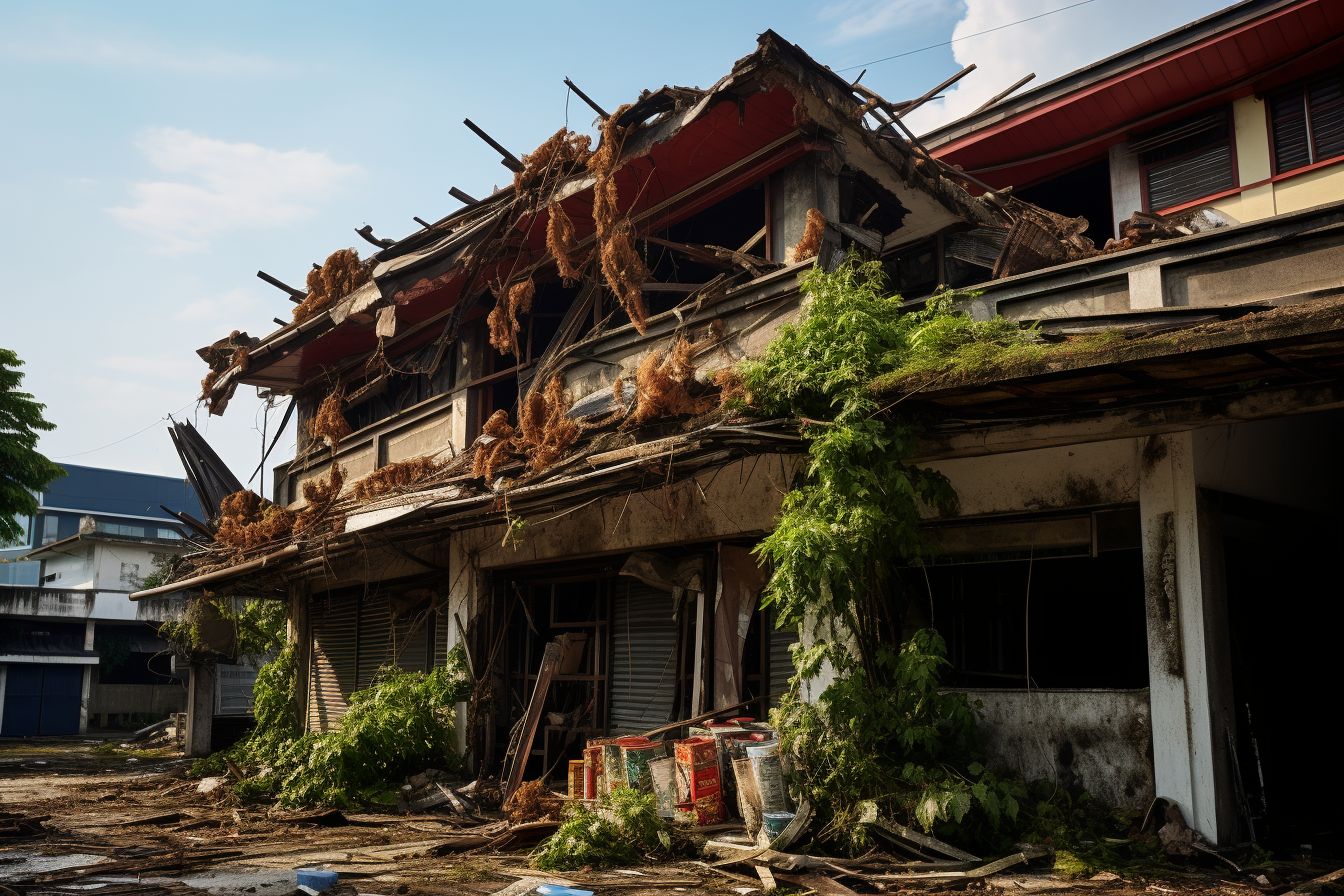 Commercial building with damaged roof and moisture problems in East Asia.