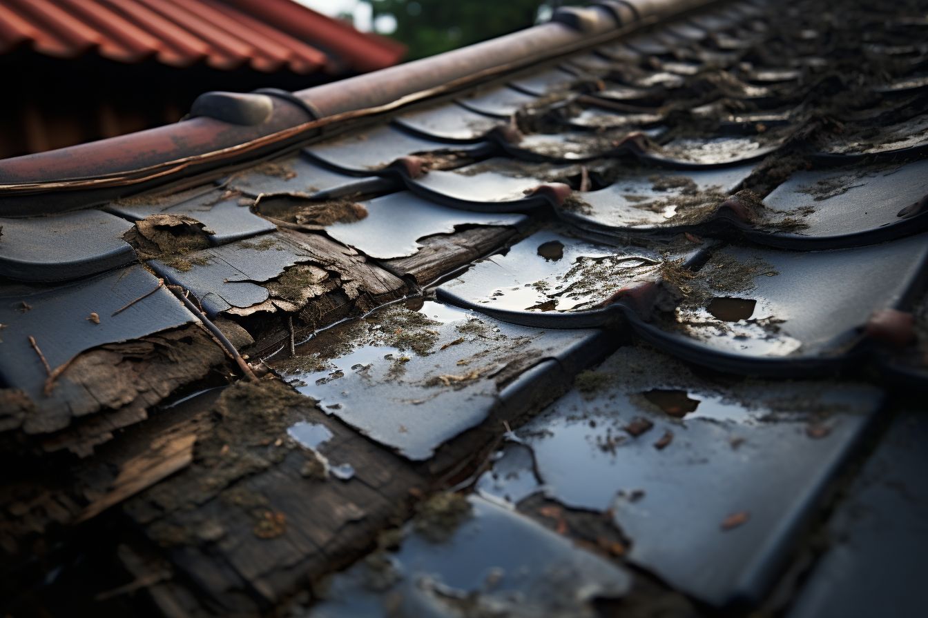 A roof with water leaking through cracks, showing moisture problems.