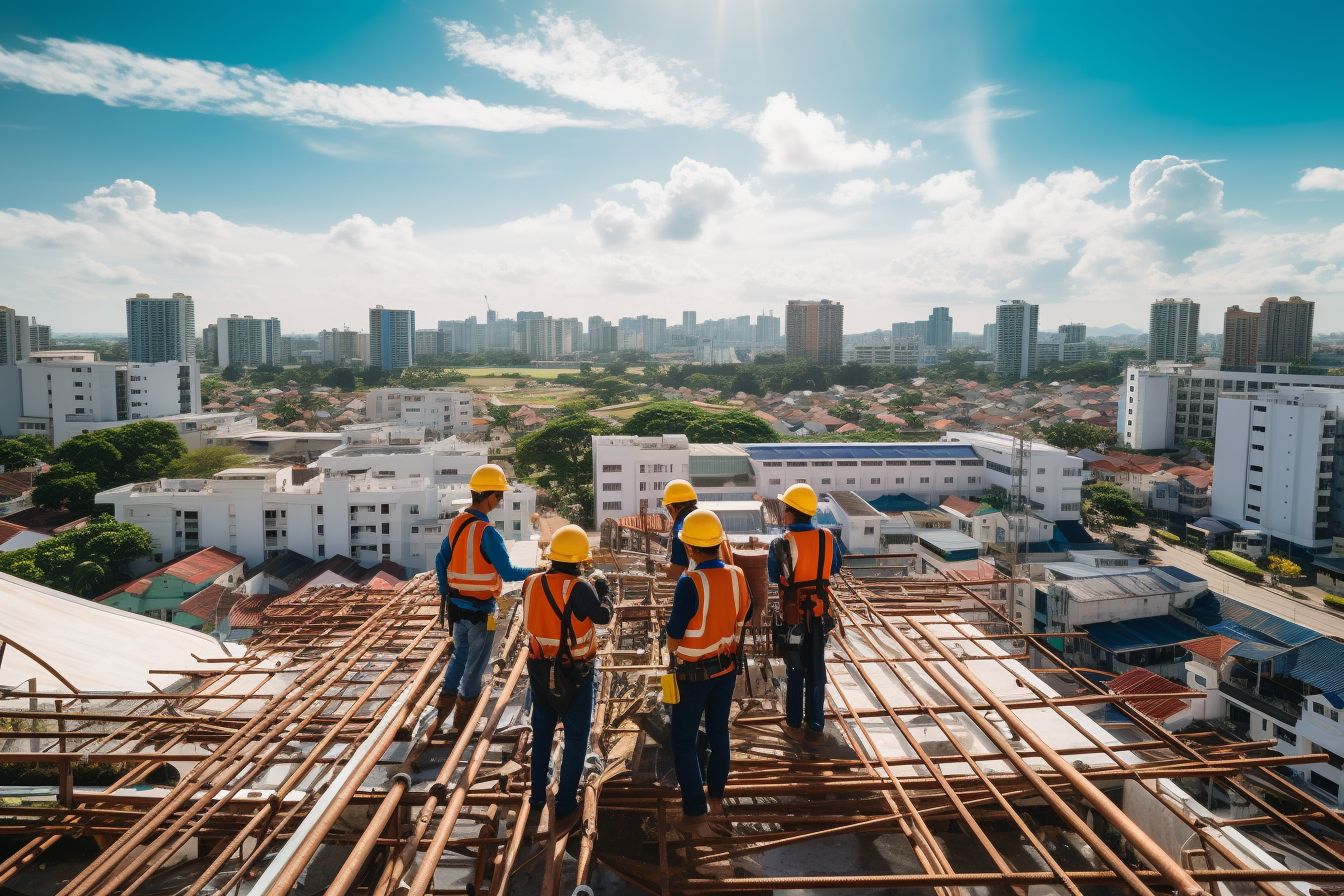 Diverse construction team inspecting newly installed commercial roof using drone.