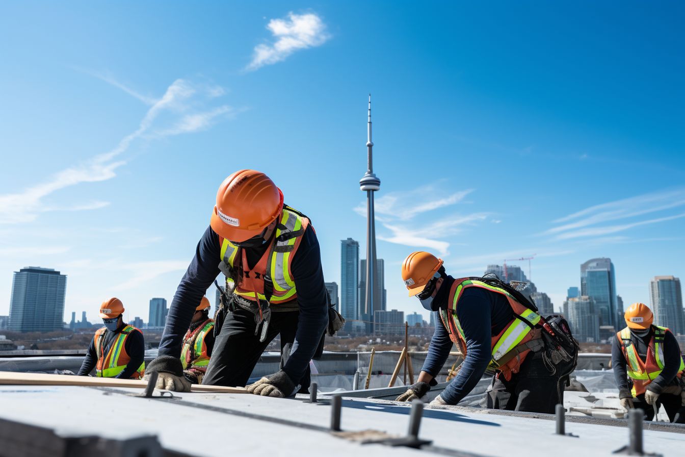 Construction workers installing new roof on commercial building.
