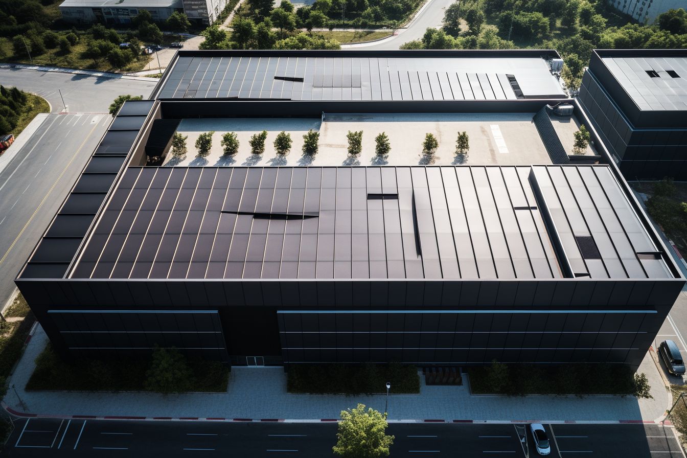 Aerial photo of a modern commercial building with high-quality roofing.