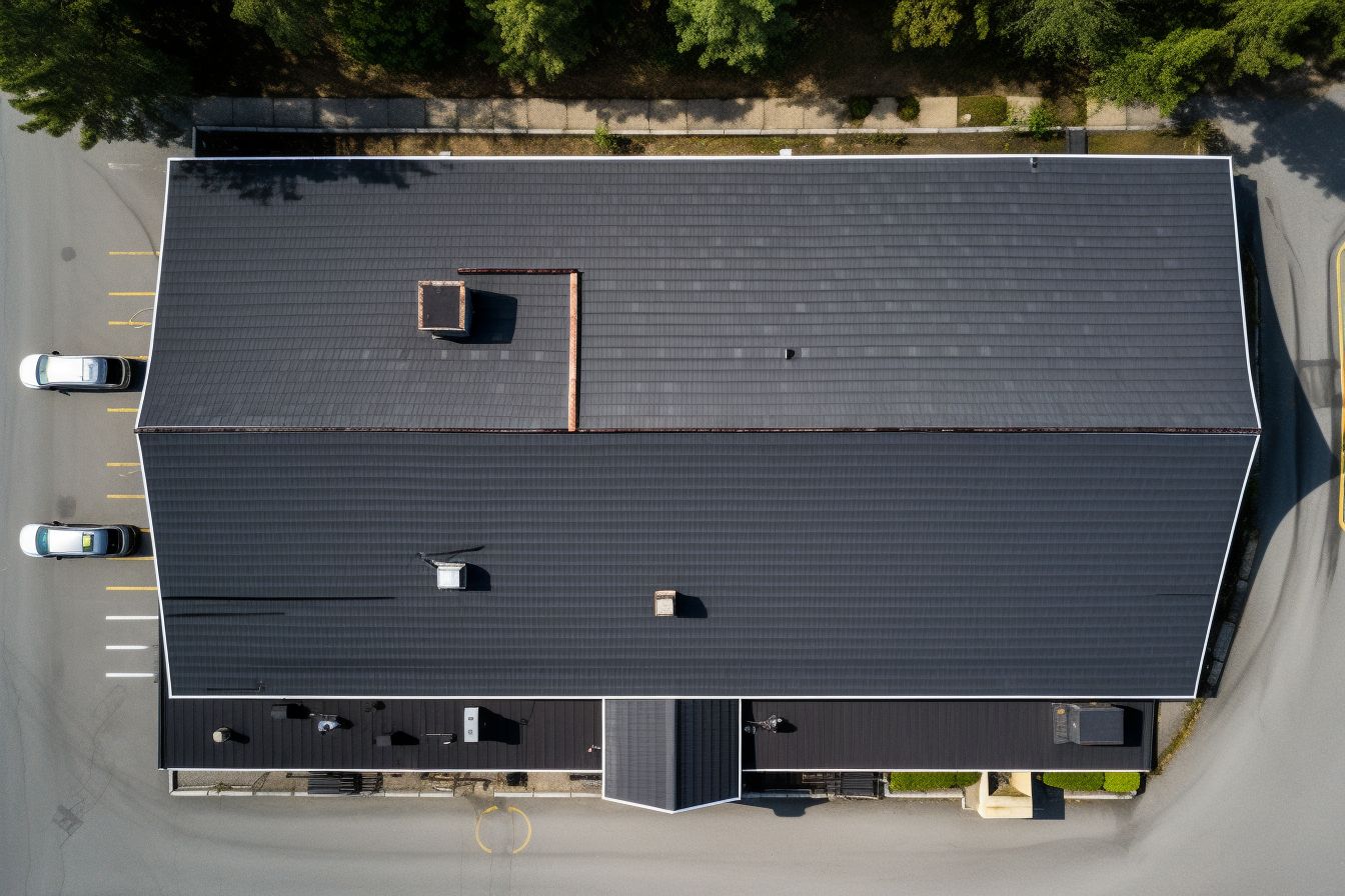 Close-up of a commercial roof with asphalt shingle overlay, taken from above. Close-up of a commercial roof with asphalt shingle overlay, taken from above.