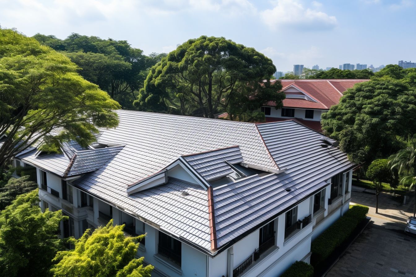 Aerial photo of a clean commercial roof with trimmed trees. Aerial photo of a clean commercial roof with trimmed trees.