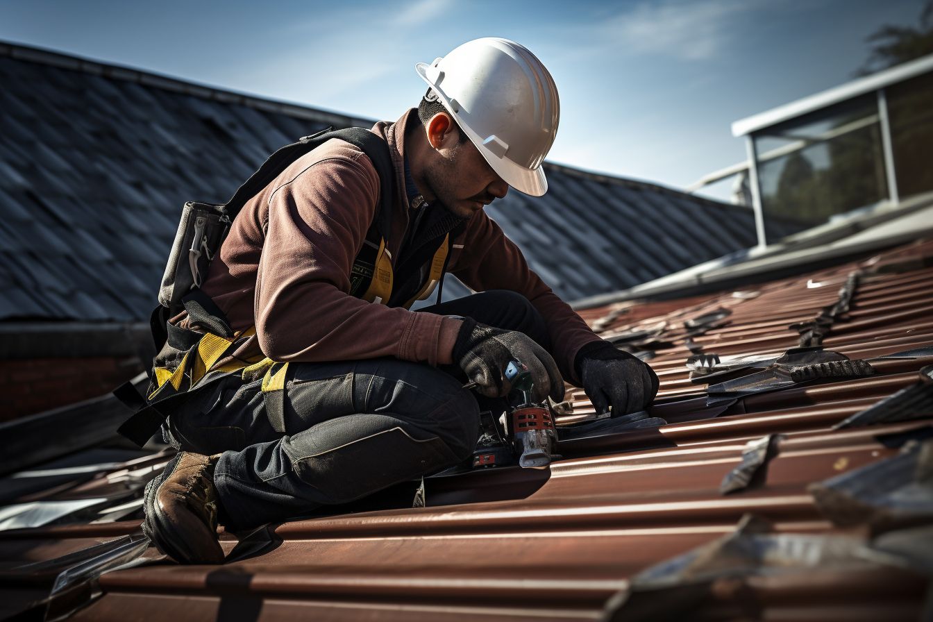 A professional roofer inspecting a leaky roof with tools and safety equipment. A professional roofer inspecting a leaky roof with tools and safety equipment.