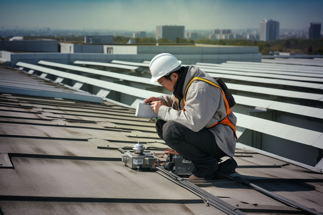 Maintenance worker using binoculars to locate and mark a roof leak. Maintenance worker using binoculars to locate and mark a roof leak.