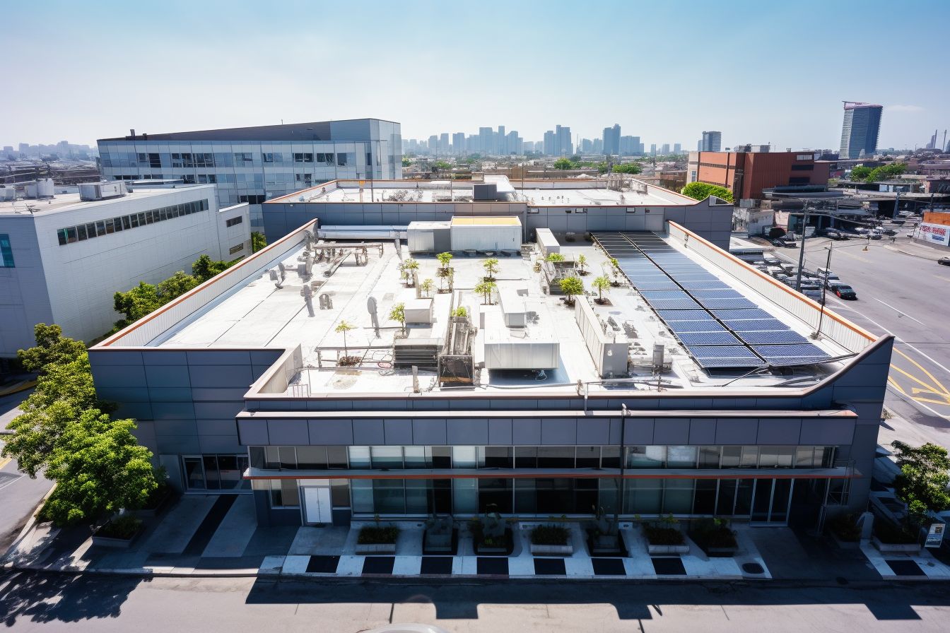 A commercial building with a reflective coated roof showcasing energy efficiency.