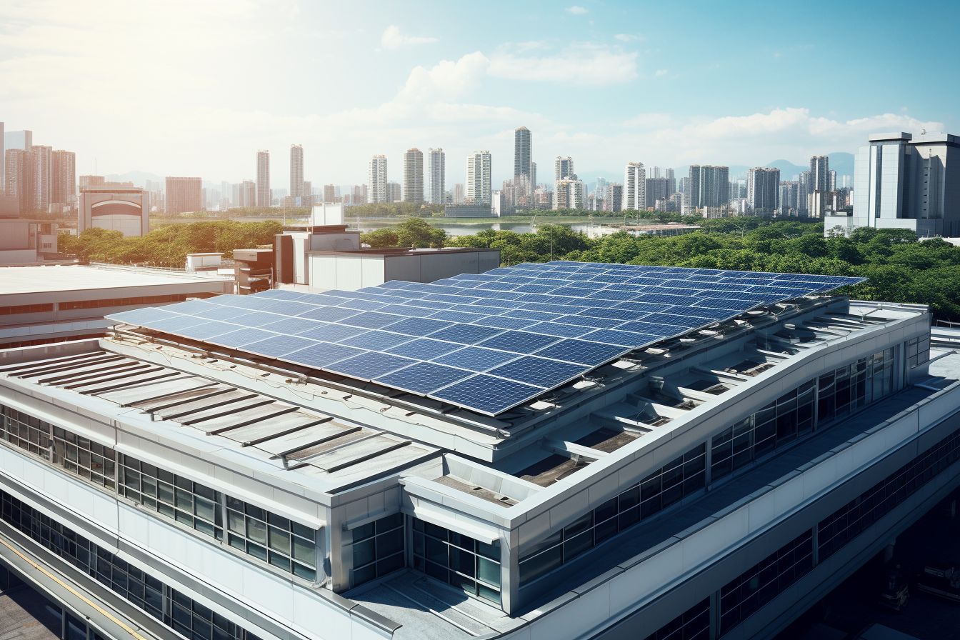 Commercial building with single-ply membrane roofing and solar panels.