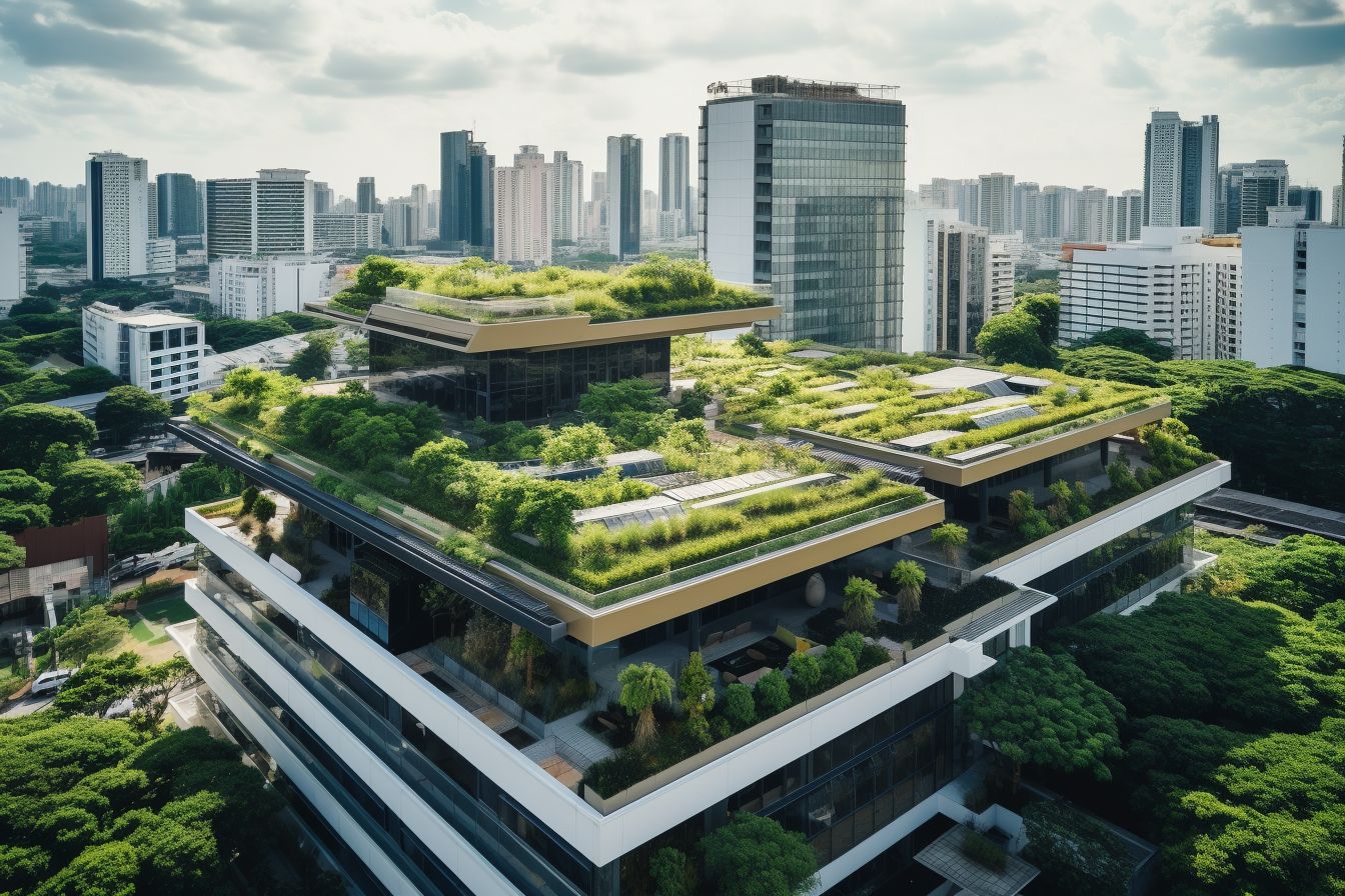 Energy-efficient modern commercial building surrounded by greenery, captured using drone photography.