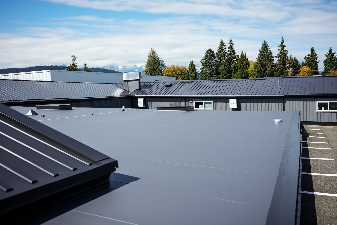 A commercial building with various roofing materials showcased.