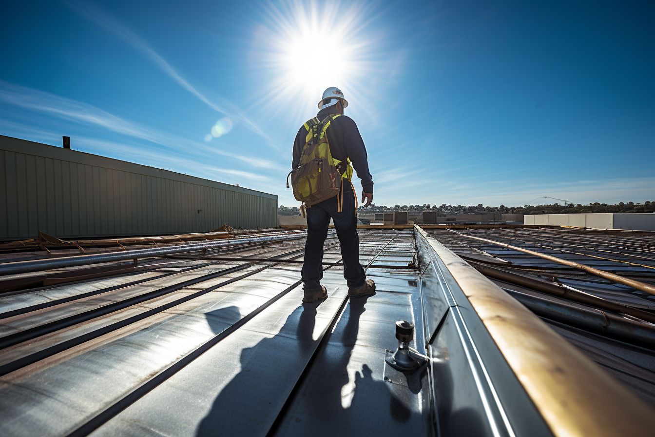 Commercial roofer inspecting roof using wide-angle lens.