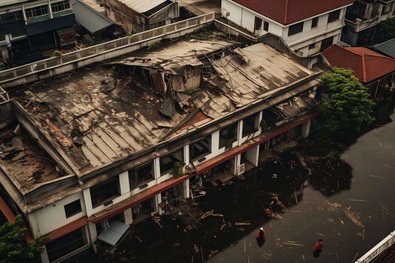 Commercial building with damaged roof, aerial view after rain and wind.