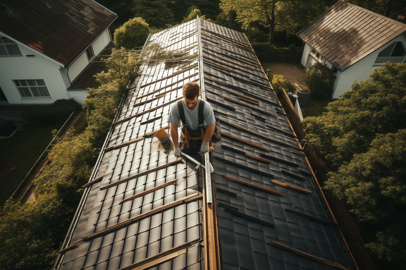 A professional roofer inspecting a roof using a ladder and tools.