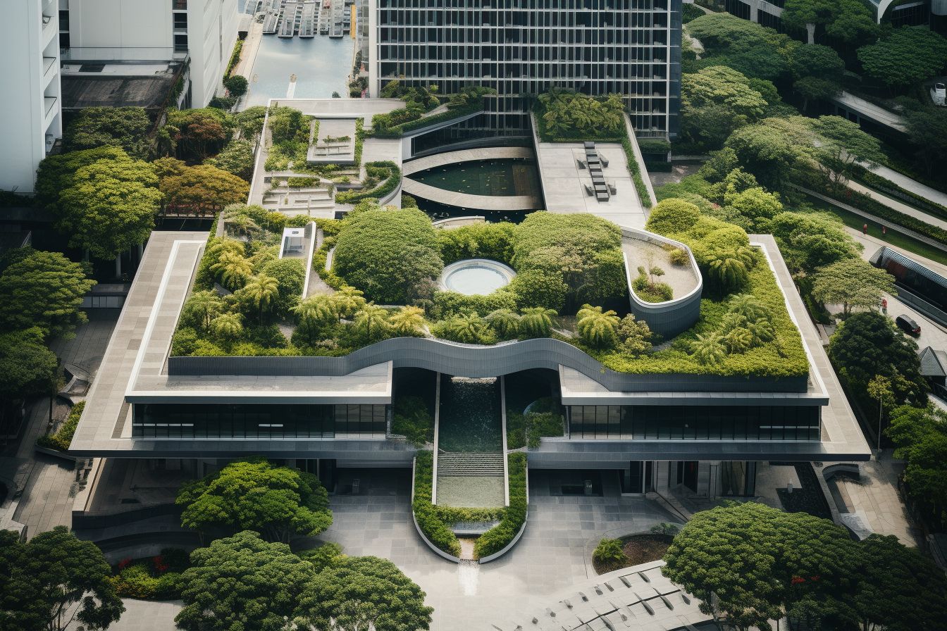 Aerial photo of a well-maintained commercial building with an East Asian ethnicity.