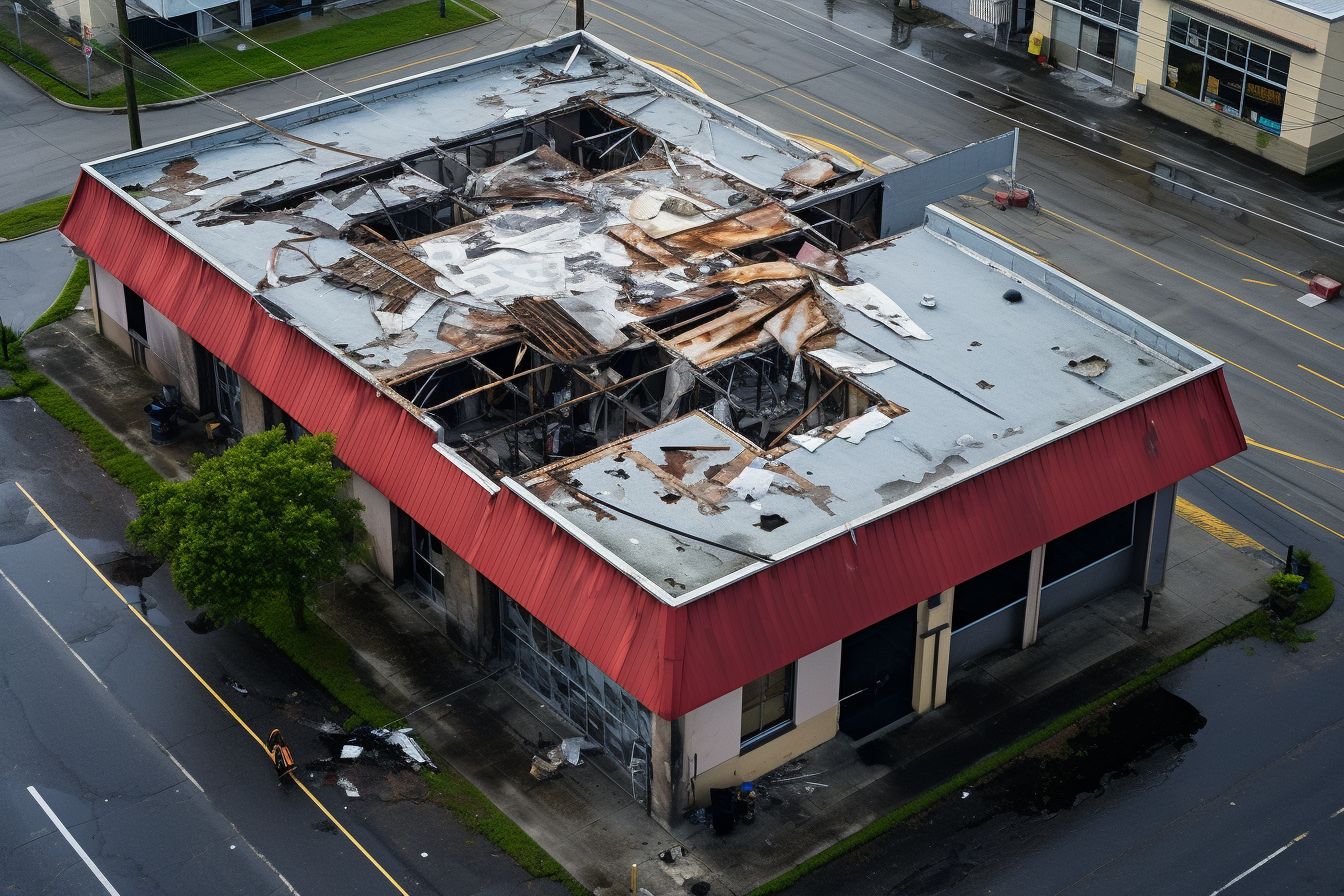 Roof damage on a commercial building captured through aerial photography.