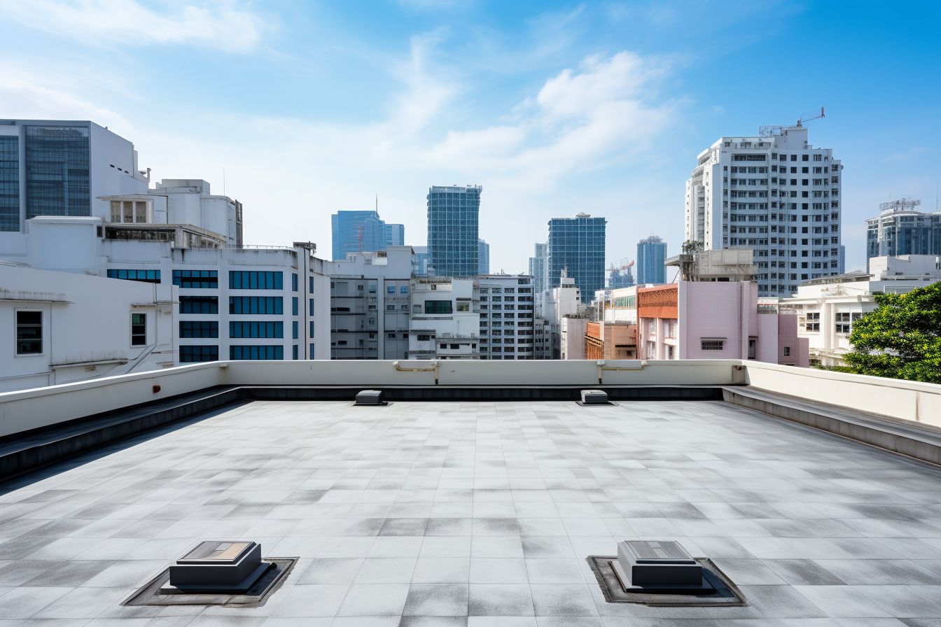 A modern commercial building captured with a wide-angle lens.