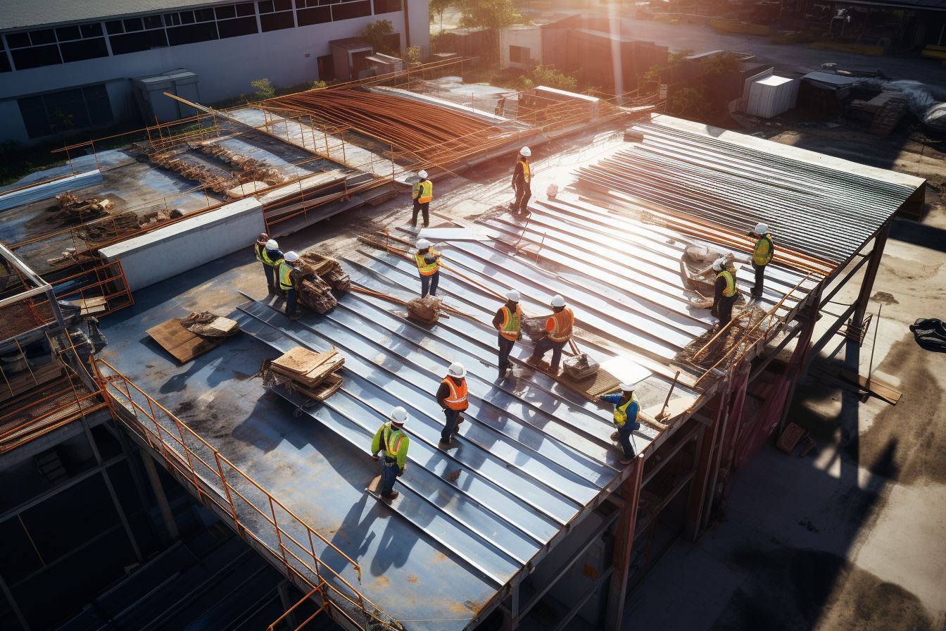 Aerial photo of workers installing metal roofing on a construction site.