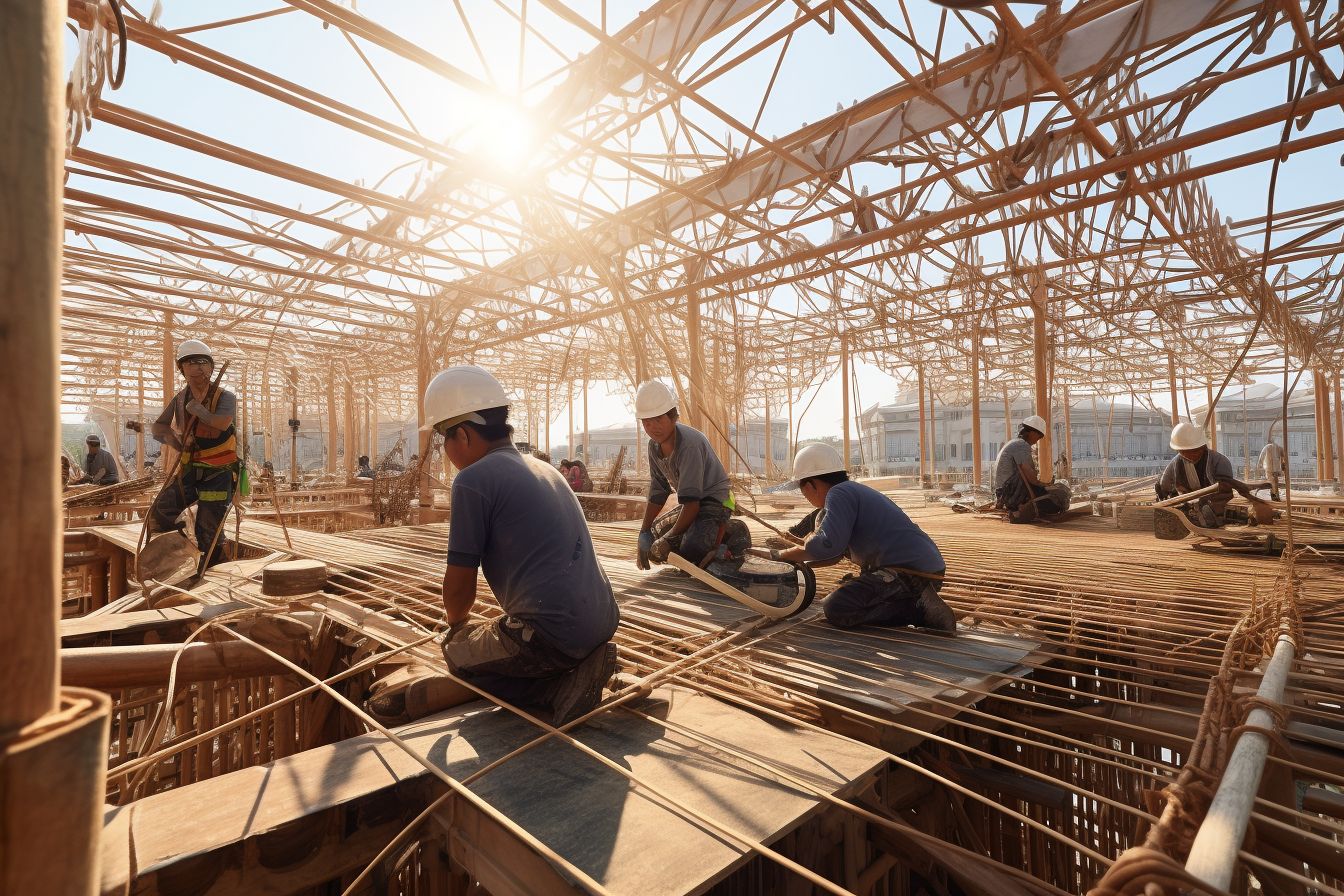 A commercial construction site with workers installing a complex roof.