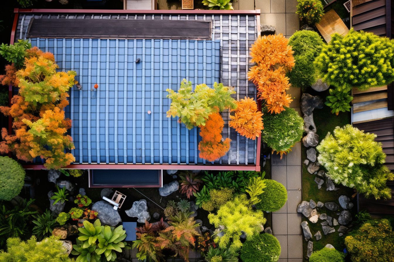 A drone photo of a low maintenance, cost-effective residential roof garden.