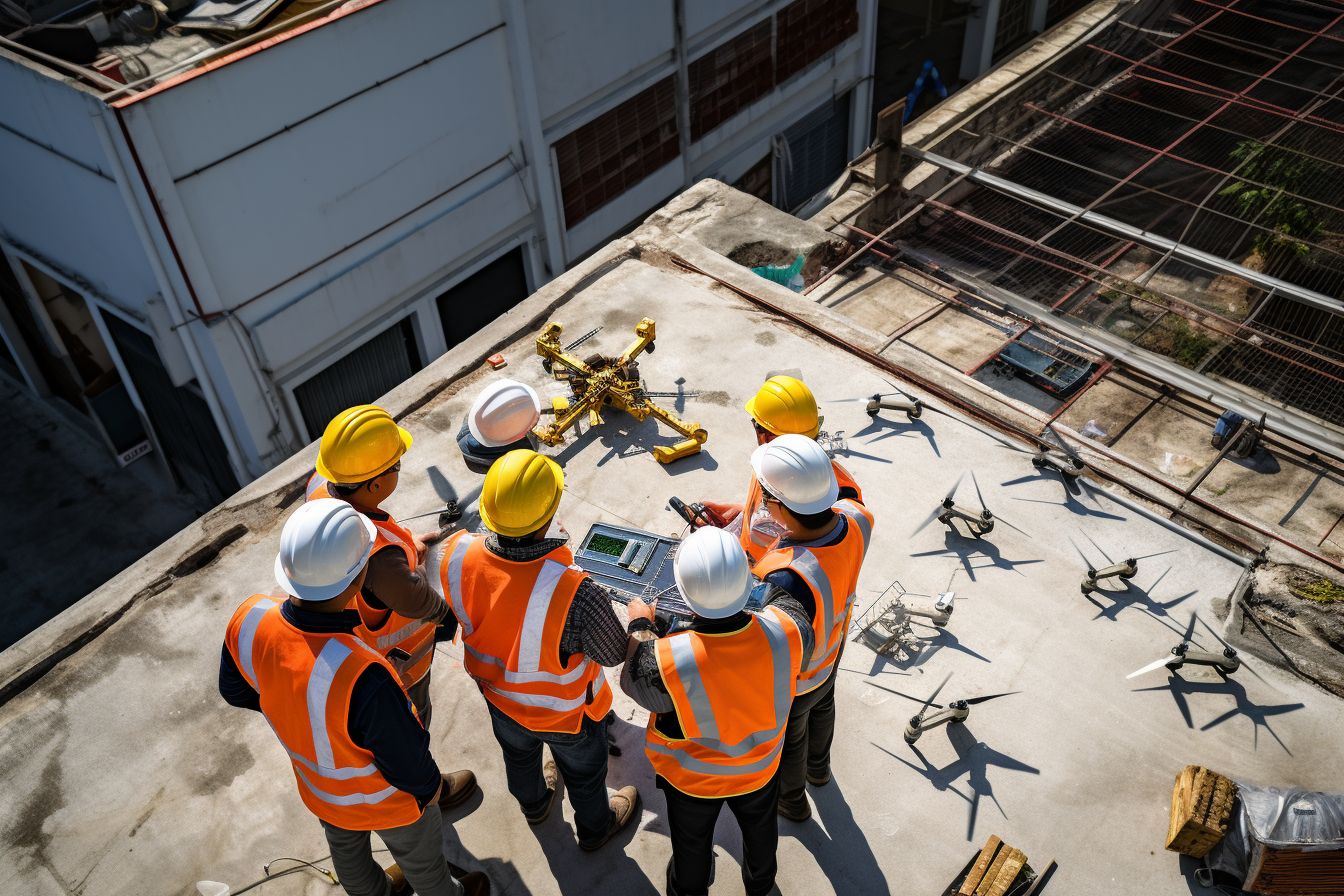 Diverse construction workers inspecting a commercial roof using a drone. Diverse construction workers inspecting a commercial roof using a drone.