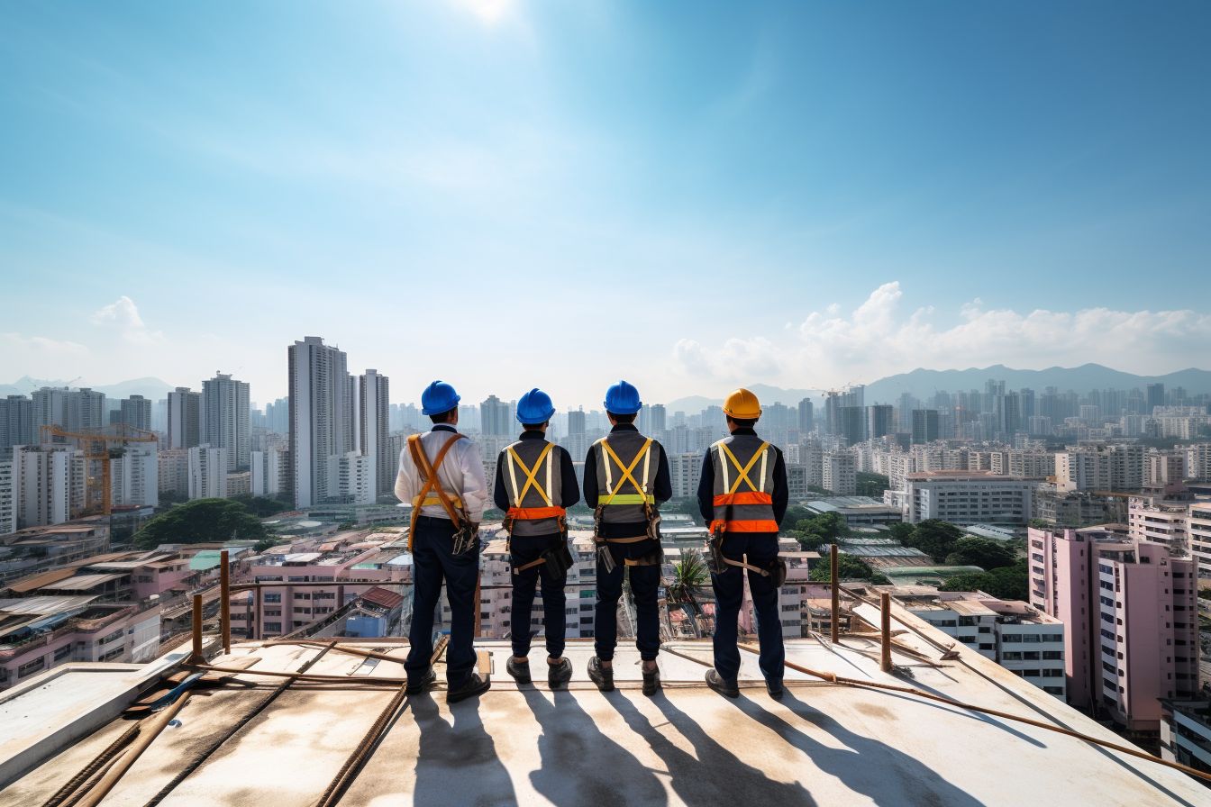 Diverse group of workers wearing safety gear on a commercial rooftop. Diverse group of workers wearing safety gear on a commercial rooftop.