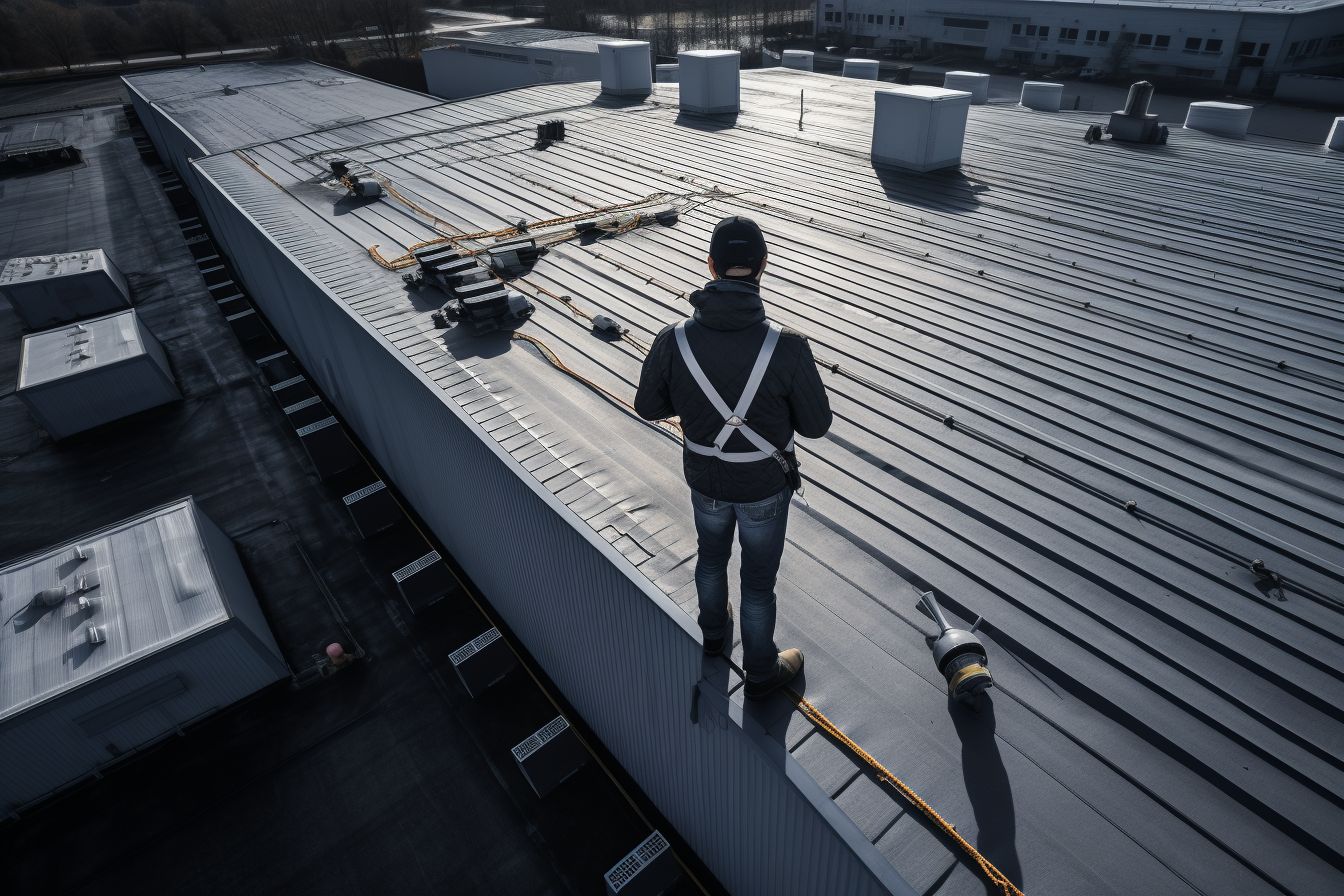 A professional roofer inspecting a commercial roof with a drone. A professional roofer inspecting a commercial roof with a drone.