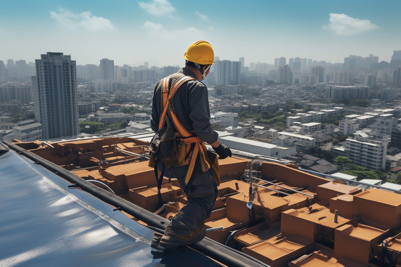Construction worker checking rooftop in extreme heat, captured with a drone. Construction worker checking rooftop in extreme heat, captured with a drone.