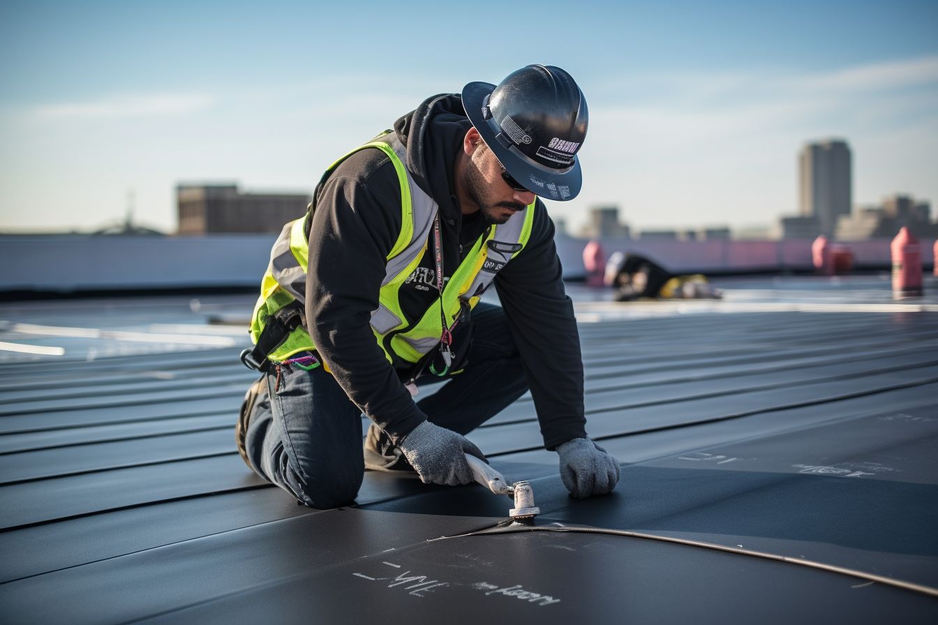 Roofing contractor inspecting commercial building's waterproofing membrane.