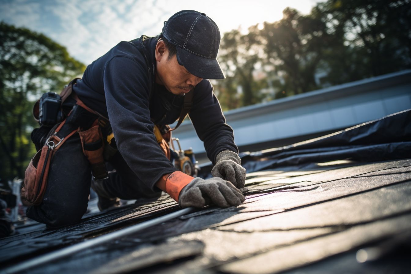 A roofing contractor of East Asian ethnicity applying waterproofing membrane.